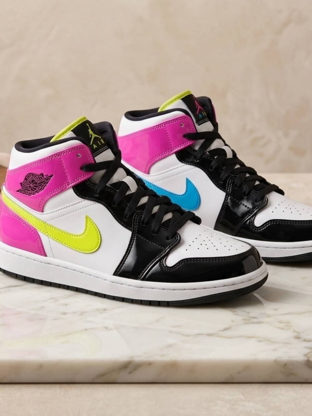 Nike Air Jordan 1 Mid White Black with Pink, Blue & Neon Yellow Swooshes
